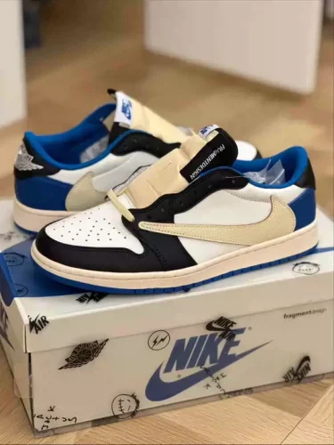 Fragment Design X Travis Scott X Air Jordan 1 Retro Low ‘Sail Black Military Blue’ photo review