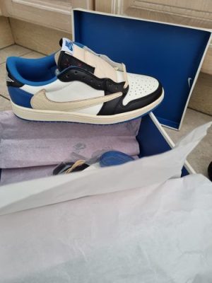 Fragment Design X Travis Scott X Air Jordan 1 Retro Low ‘Sail Black Military Blue’ photo review