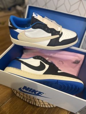 Fragment Design X Travis Scott X Air Jordan 1 Retro Low ‘Sail Black Military Blue’ photo review