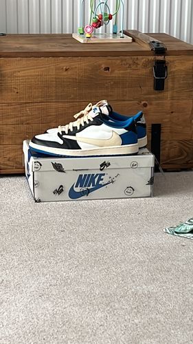 Fragment Design X Travis Scott X Air Jordan 1 Retro Low ‘Sail Black Military Blue’ photo review