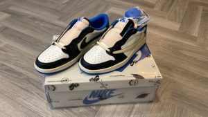 Fragment Design X Travis Scott X Air Jordan 1 Retro Low ‘Sail Black Military Blue’ photo review