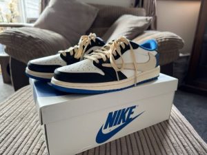 Fragment Design X Travis Scott X Air Jordan 1 Retro Low ‘Sail Black Military Blue’ photo review