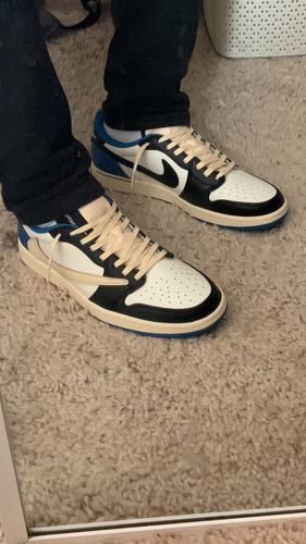 Fragment Design X Travis Scott X Air Jordan 1 Retro Low ‘Sail Black Military Blue’ photo review