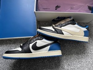 Fragment Design X Travis Scott X Air Jordan 1 Retro Low ‘Sail Black Military Blue’ photo review